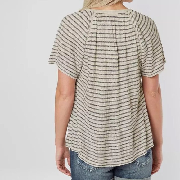 Lucky Brand Drop Needle Navy & Oatmeal Striped Viscose / Linen Knit Blouse Top L - Picture 3 of 16